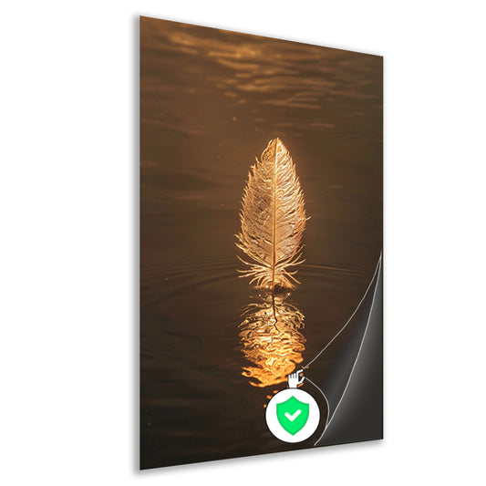 Gouden veer drijvend op rustig water bij zonsondergang poster