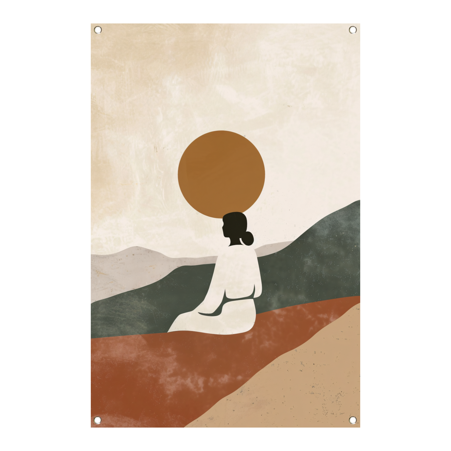 Contemplatieve vrouw in minimalistisch landschap tuinposter