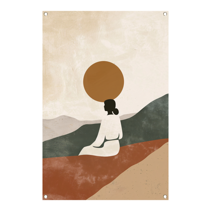 Contemplatieve vrouw in minimalistisch landschap tuinposter