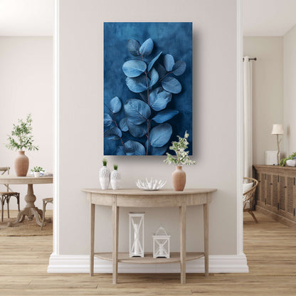Minimalistische weergave van blauwe bladeren op een donkere achtergrond poster