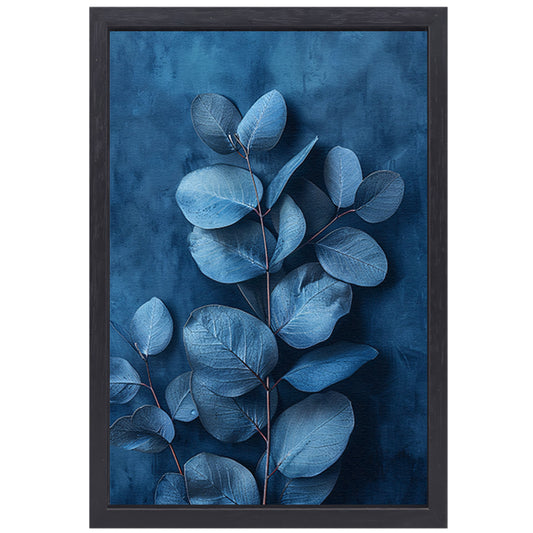 Minimalistische weergave van blauwe bladeren op een donkere achtergrond canvas met baklijst