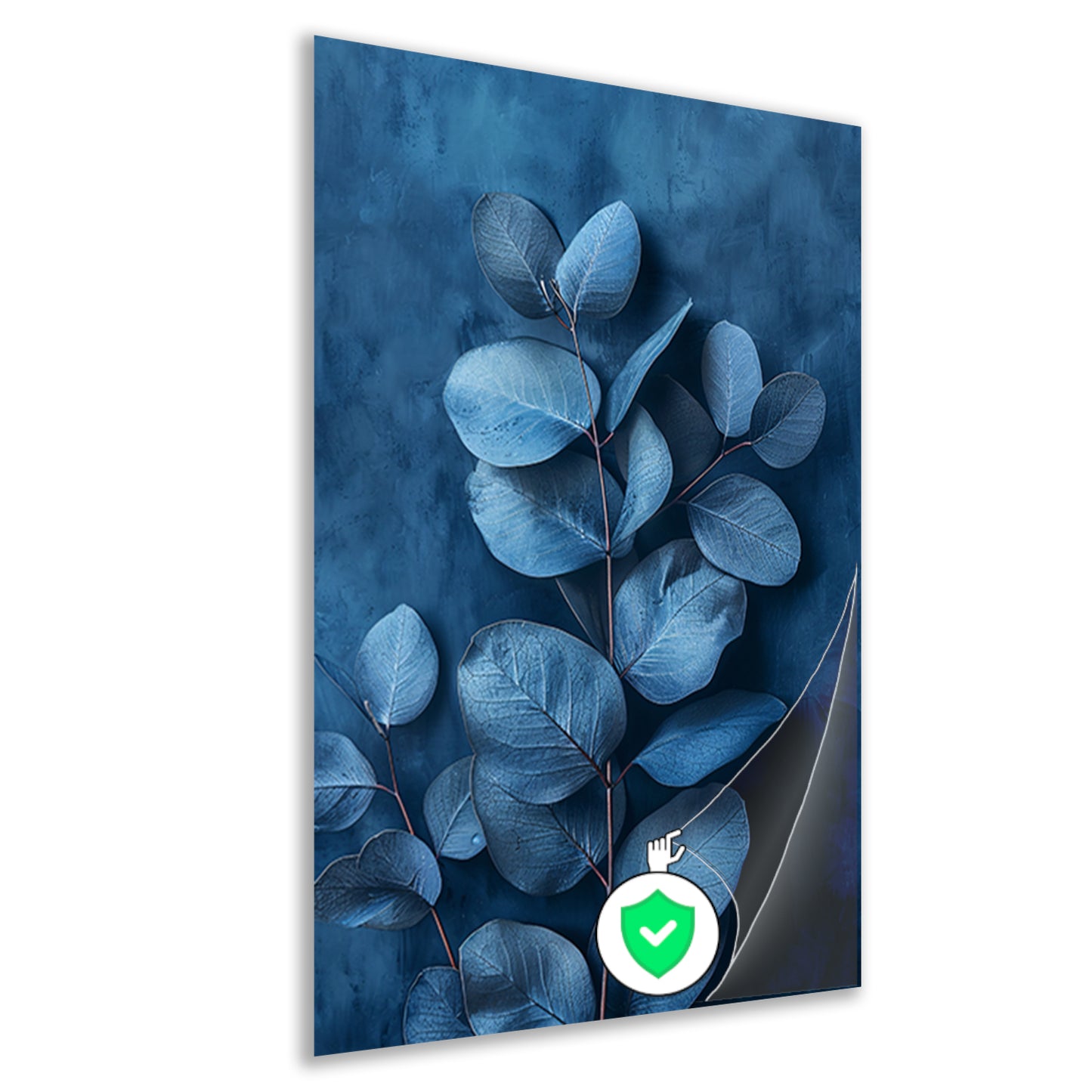 Minimalistische weergave van blauwe bladeren op een donkere achtergrond poster