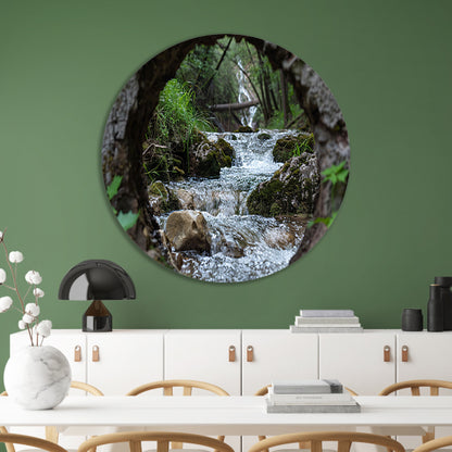 Rivier door een natuurlijk venster aluminium muurcirkel