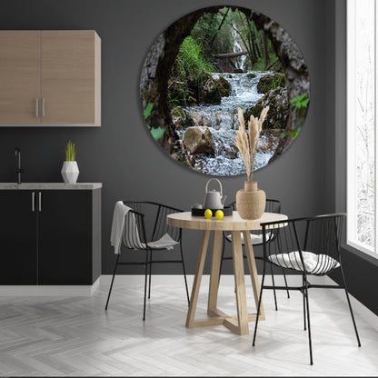 Rivier door een natuurlijk venster aluminium muurcirkel