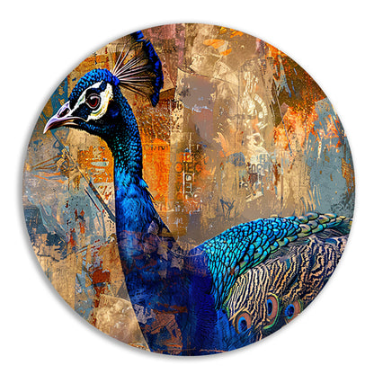 Abstracte pauw kunst met dynamische kleuren aluminium muurcirkel