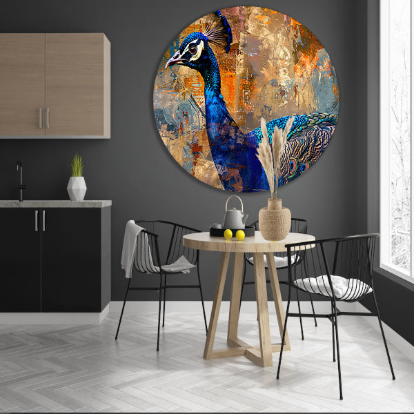 Abstracte pauw kunst met dynamische kleuren aluminium muurcirkel