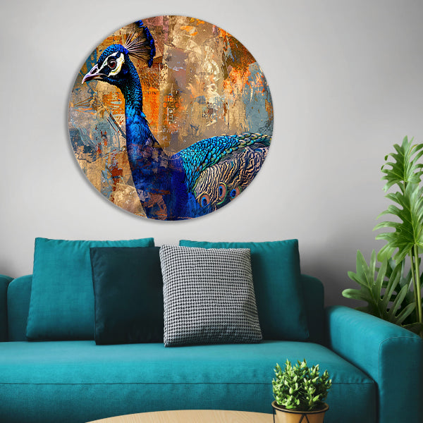 Abstracte pauw kunst met dynamische kleuren aluminium muurcirkel