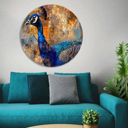 Abstracte pauw kunst met dynamische kleuren aluminium muurcirkel