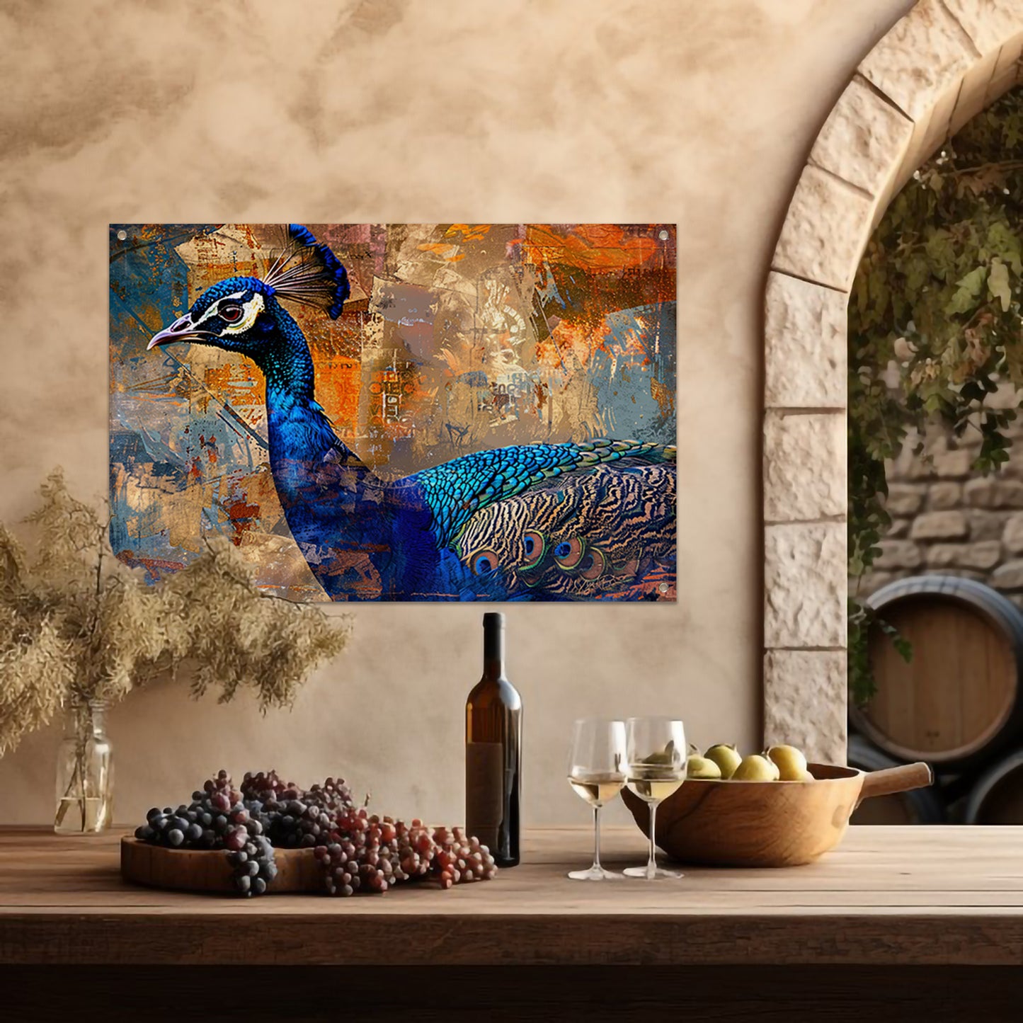 Abstracte pauw kunst met dynamische kleuren tuinposter
