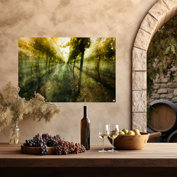 Lichtspel in de ochtendwijngaard tuinposter