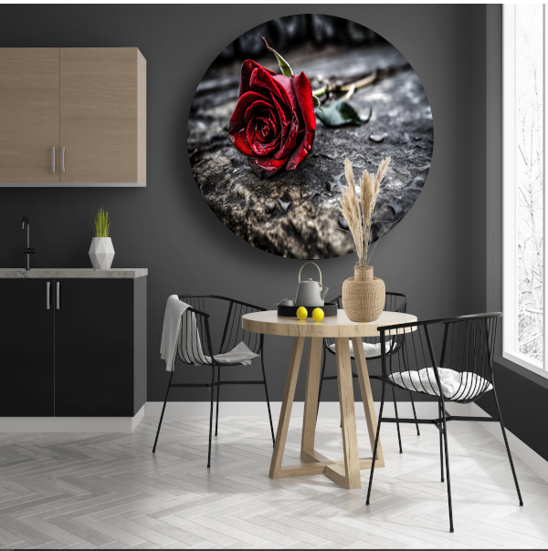 Rode roos in ochtenddauw aluminium muurcirkel
