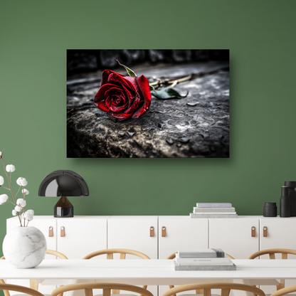Rode roos in ochtenddauw canvas met baklijst