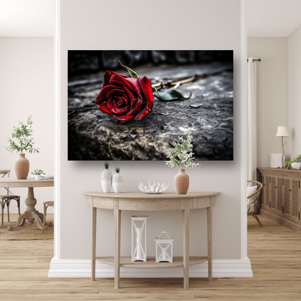 Rode roos in ochtenddauw canvas met baklijst