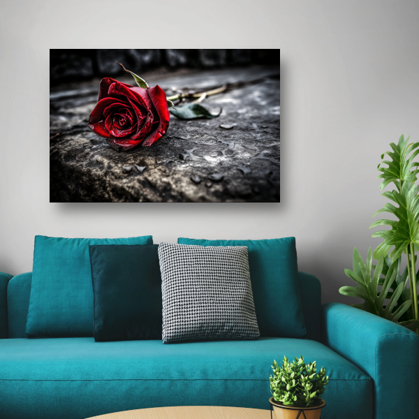 Rode roos in ochtenddauw canvas met baklijst
