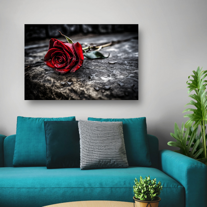 Rode roos in ochtenddauw canvas met baklijst