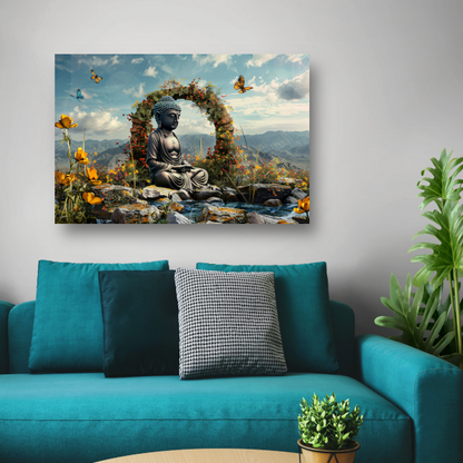 Meditatieve Boeddha Temidden van Bloemenpracht canvas met baklijst