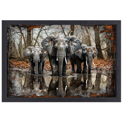 Olifanten met Waterreflectie in Boslandschap canvas met baklijst