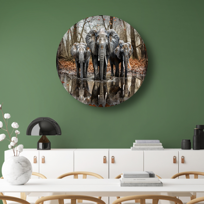 Olifanten met Waterreflectie in Boslandschap aluminium muurcirkel