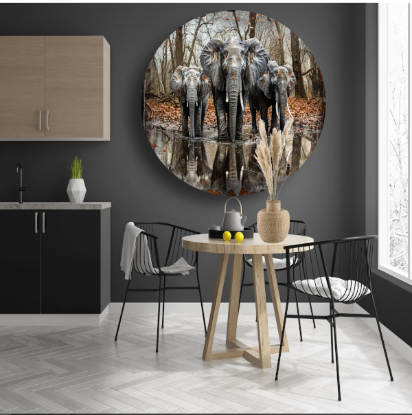 Olifanten met Waterreflectie in Boslandschap aluminium muurcirkel
