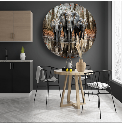 Olifanten met Waterreflectie in Boslandschap aluminium muurcirkel