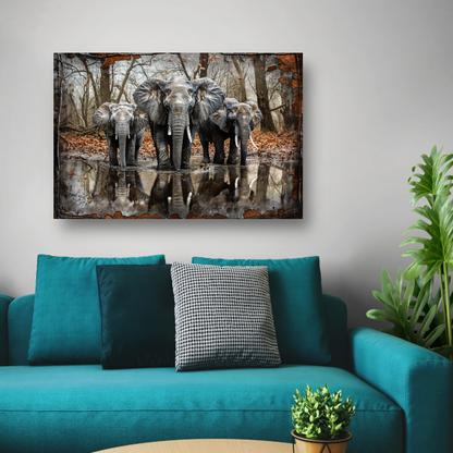 Canvas schilderij - Olifanten met Waterreflectie in Boslandschap