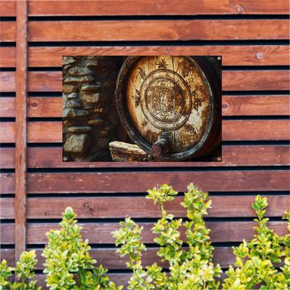 Houten vat met carving tuinposter