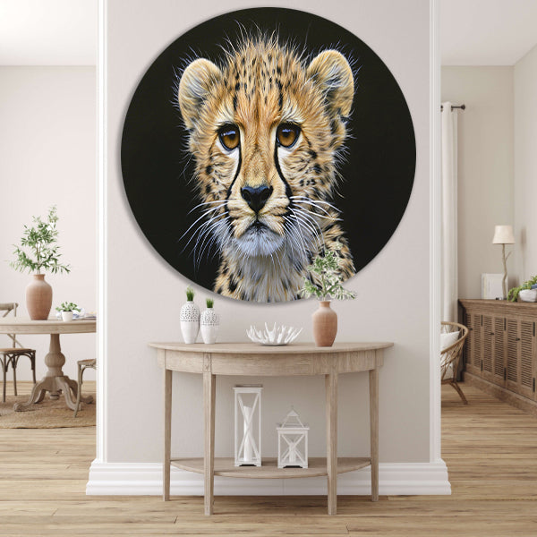 Realistisch schilderij van jonge cheeta aluminium muurcirkel