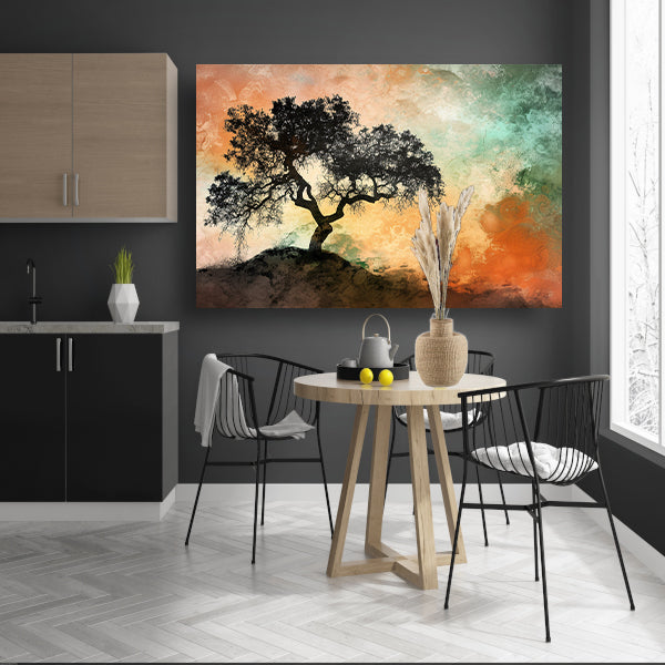 Silhouet van boom met kleurrijke achtergrond canvas