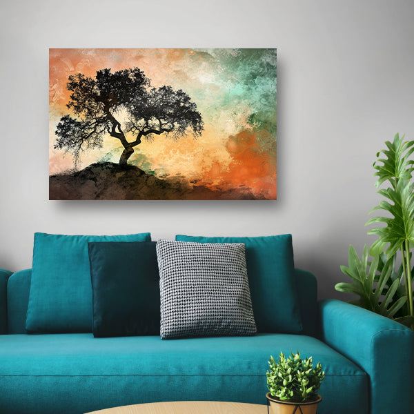 Silhouet van boom met kleurrijke achtergrond canvas