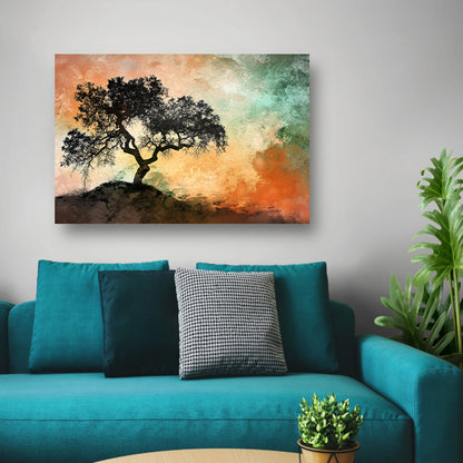 Silhouet van boom met kleurrijke achtergrond canvas met baklijst