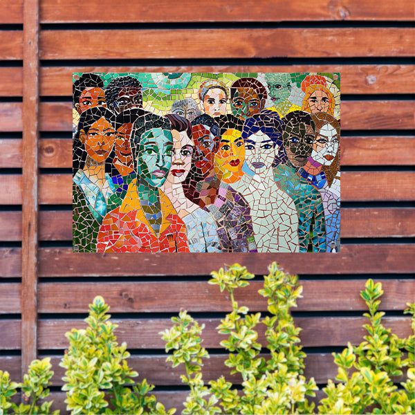 Kleurrijk mozaïekportret van diverse gezichten tuinposter