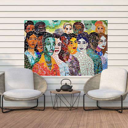 Kleurrijk mozaïekportret van diverse gezichten tuinposter