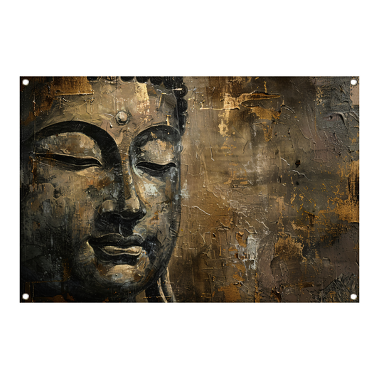 Boeddha portret met gouden en zwarte abstracte achtergrond tuinposter