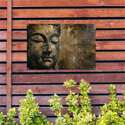 Boeddha portret met gouden en zwarte abstracte achtergrond tuinposter