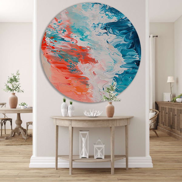 Kleurrijk abstract strandlandschap schilderij aluminium muurcirkel