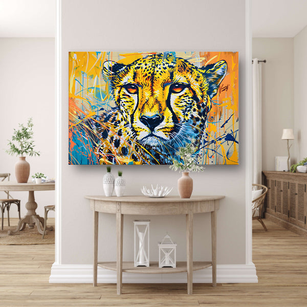 Dynamisch en kleurrijk schilderij van een cheetaposter