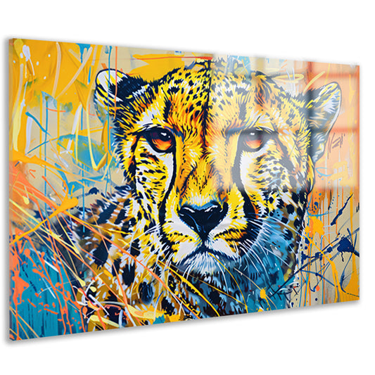 Dynamisch en kleurrijk schilderij van een cheeta acrylglas