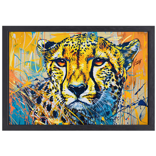 Dynamisch en kleurrijk schilderij van een cheeta canvas met baklijst