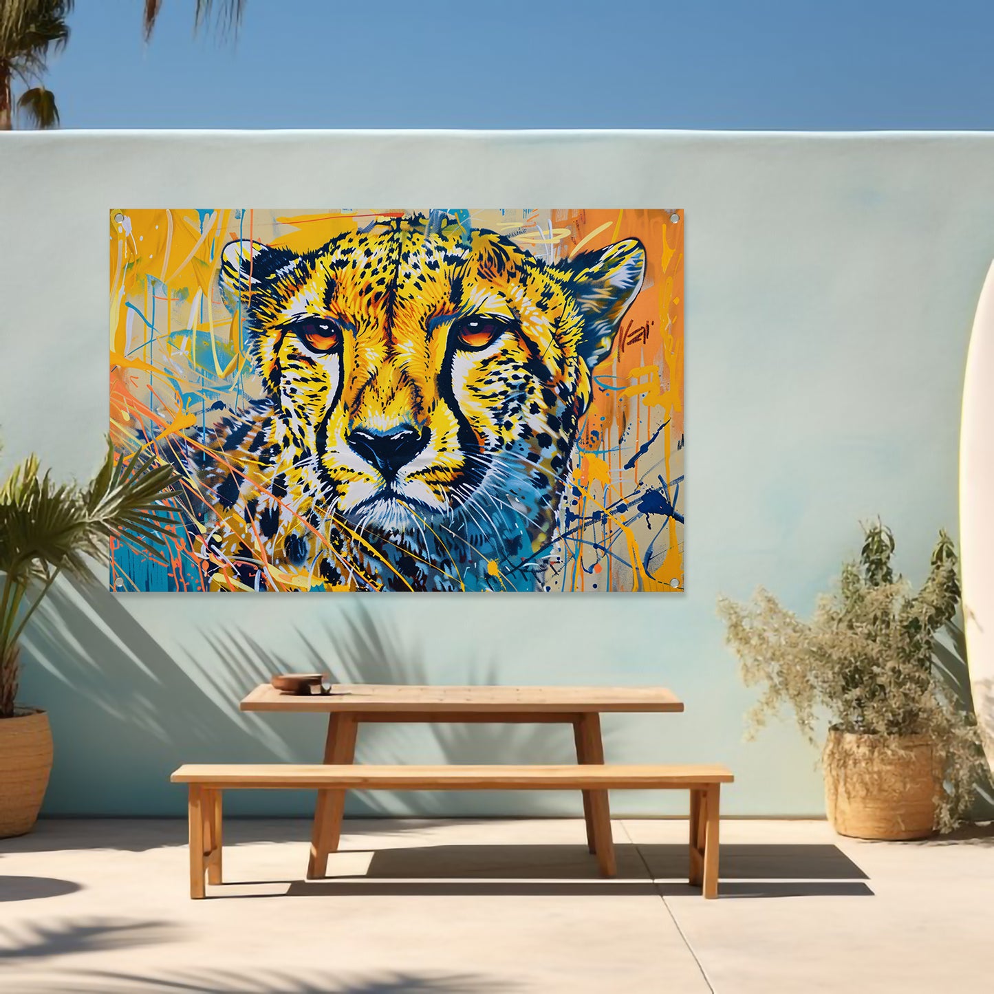 Dynamisch en kleurrijk schilderij van een cheeta tuinposter