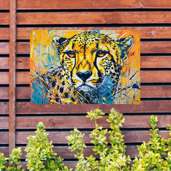 Dynamisch en kleurrijk schilderij van een cheeta tuinposter