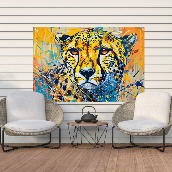 Dynamisch en kleurrijk schilderij van een cheeta tuinposter