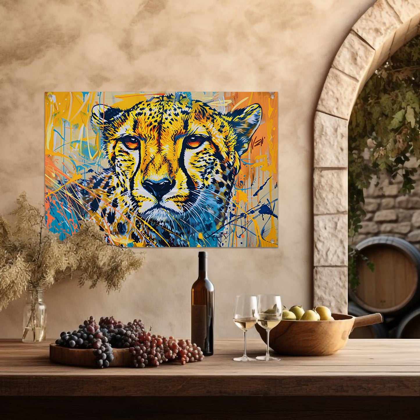 Dynamisch en kleurrijk schilderij van een cheeta tuinposter