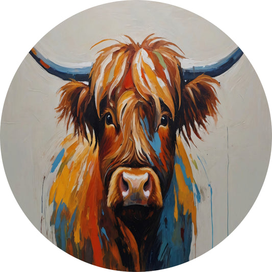 Levendige Highland Koe, Moderne Kunstinterpretatie aluminium muurcirkel