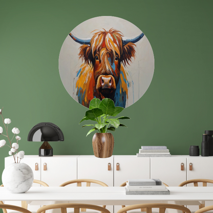 Levendige Highland Koe, Moderne Kunstinterpretatie aluminium muurcirkel