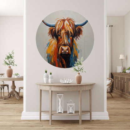 Levendige Highland Koe, Moderne Kunstinterpretatie aluminium muurcirkel