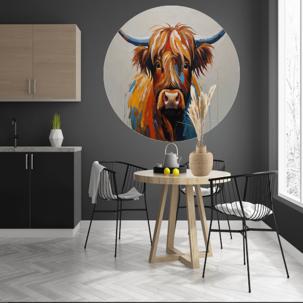 Levendige Highland Koe, Moderne Kunstinterpretatie aluminium muurcirkel