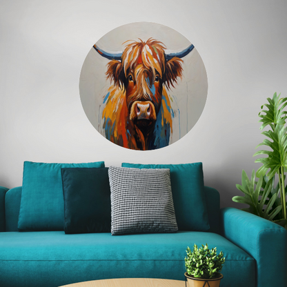 Levendige Highland Koe, Moderne Kunstinterpretatie aluminium muurcirkel