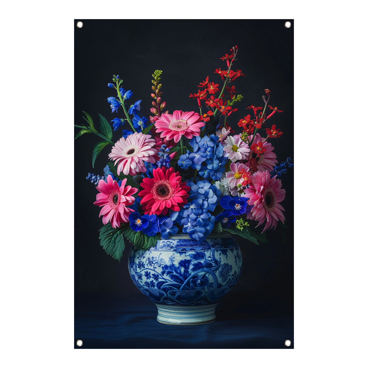 Bloemrijk stilleven in een Delfts blauwe vaas tuinposter