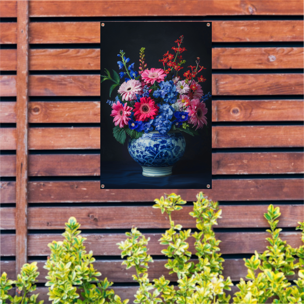 Bloemrijk stilleven in een Delfts blauwe vaas tuinposter