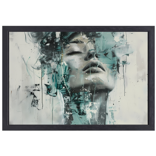 Dynamisch Portret van Vrouw in Turquoise canvas met baklijst